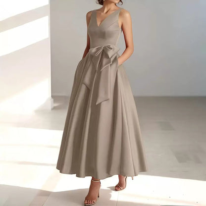 V-Neck Satin Midi Dress – Bow Tie Waist, Flowy Skirt, Bridesmaid Dress