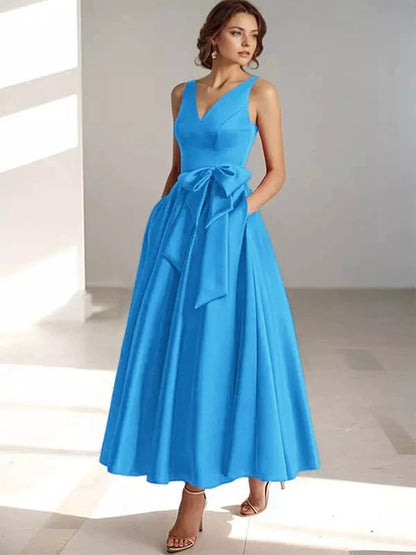 V-Neck Satin Midi Dress – Bow Tie Waist, Flowy Skirt, Bridesmaid Dress