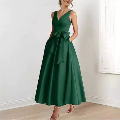 V-Neck Satin Midi Dress – Bow Tie Waist, Flowy Skirt, Bridesmaid Dress