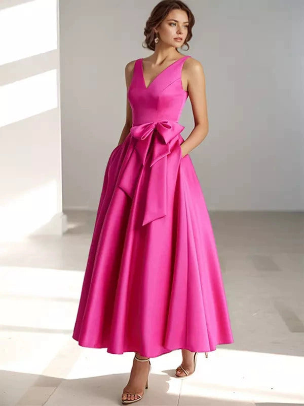 V-Neck Satin Midi Dress – Bow Tie Waist, Flowy Skirt, Bridesmaid Dress