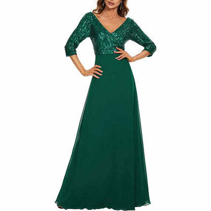 Women's 3/4 Sleeve Formal Dresses V Neck Evening Gowns