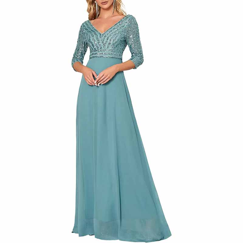 Women's 3/4 Sleeve Formal Dresses V Neck Evening Gowns