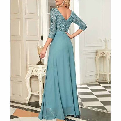 Women's 3/4 Sleeve Formal Dresses V Neck Evening Gowns