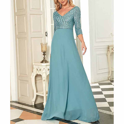 Women's 3/4 Sleeve Formal Dresses V Neck Evening Gowns