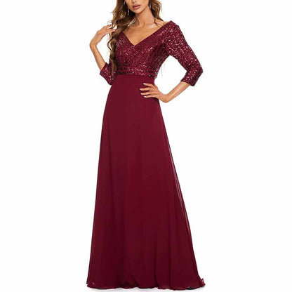 Women's 3/4 Sleeve Formal Dresses V Neck Evening Gowns