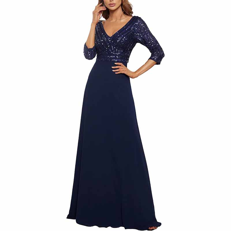 Women's 3/4 Sleeve Formal Dresses V Neck Evening Gowns