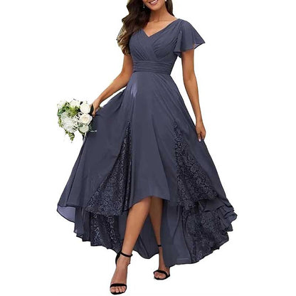 Long V-Neck Bridesmaid Dress – Chiffon, Lace & Customizable Colors