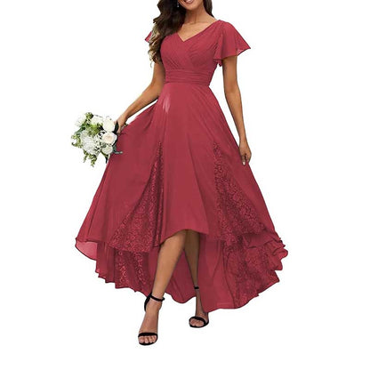 Long V-Neck Bridesmaid Dress – Chiffon, Lace & Customizable Colors
