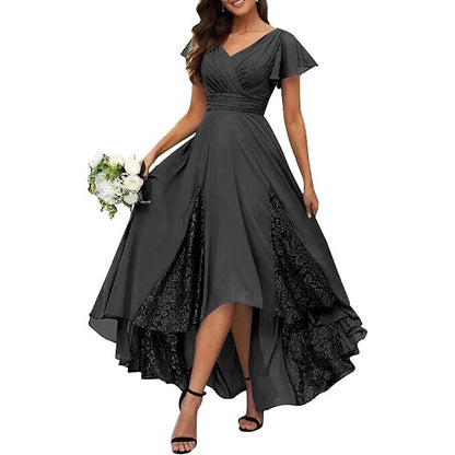 Long V-Neck Bridesmaid Dress – Chiffon, Lace & Customizable Colors