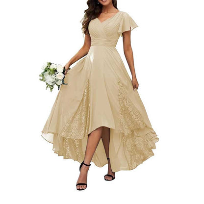 Long V-Neck Bridesmaid Dress – Chiffon, Lace & Customizable Colors