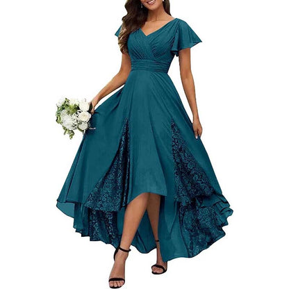 Long V-Neck Bridesmaid Dress – Chiffon, Lace & Customizable Colors