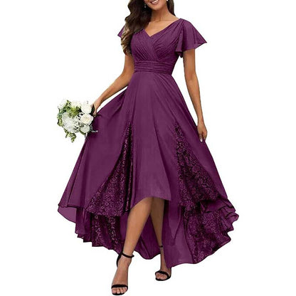 Long V-Neck Bridesmaid Dress – Chiffon, Lace & Customizable Colors
