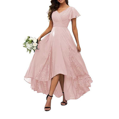 Long V-Neck Bridesmaid Dress – Chiffon, Lace & Customizable Colors