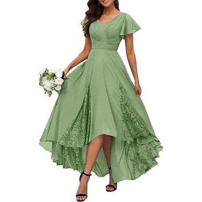 Long V-Neck Bridesmaid Dress – Chiffon, Lace & Customizable Colors