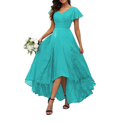 Long V-Neck Bridesmaid Dress – Chiffon, Lace & Customizable Colors