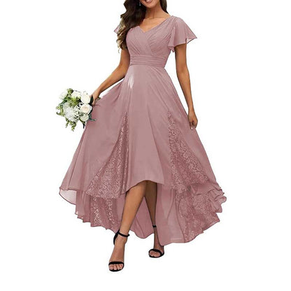Long V-Neck Bridesmaid Dress – Chiffon, Lace & Customizable Colors
