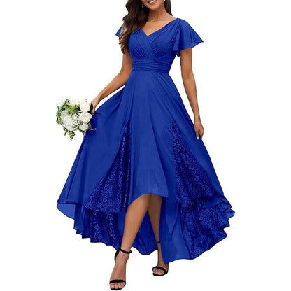 Long V-Neck Bridesmaid Dress – Chiffon, Lace & Customizable Colors