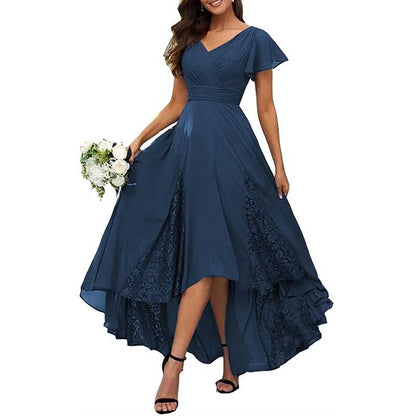 Long V-Neck Bridesmaid Dress – Chiffon, Lace & Customizable Colors