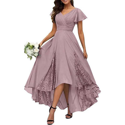 Long V-Neck Bridesmaid Dress – Chiffon, Lace & Customizable Colors