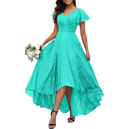 Long V-Neck Bridesmaid Dress – Chiffon, Lace & Customizable Colors