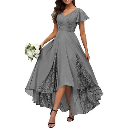 Long V-Neck Bridesmaid Dress – Chiffon, Lace & Customizable Colors
