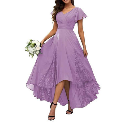 Long V-Neck Bridesmaid Dress – Chiffon, Lace & Customizable Colors