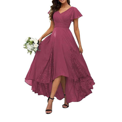 Long V-Neck Bridesmaid Dress – Chiffon, Lace & Customizable Colors