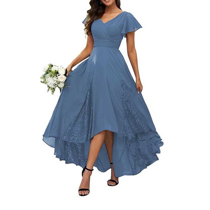 Long V-Neck Bridesmaid Dress – Chiffon, Lace & Customizable Colors