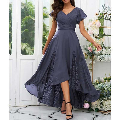 Long V-Neck Bridesmaid Dress – Chiffon, Lace & Customizable Colors