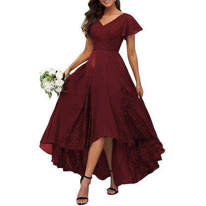Long V-Neck Bridesmaid Dress – Chiffon, Lace & Customizable Colors