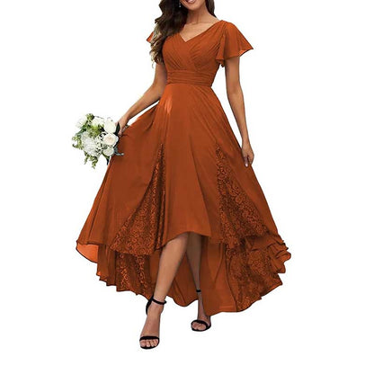 Long V-Neck Bridesmaid Dress – Chiffon, Lace & Customizable Colors
