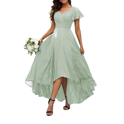 Long V-Neck Bridesmaid Dress – Chiffon, Lace & Customizable Colors