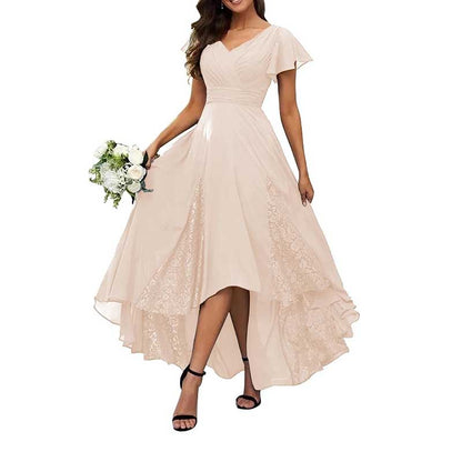 Long V-Neck Bridesmaid Dress – Chiffon, Lace & Customizable Colors