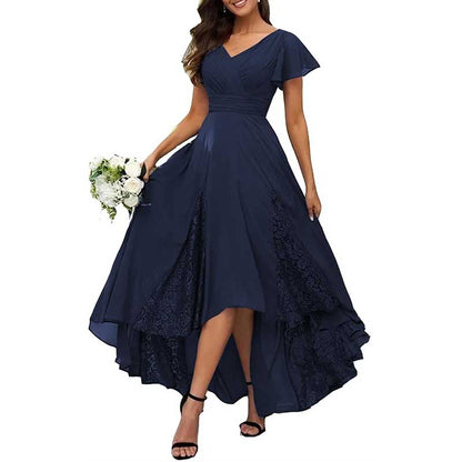 Long V-Neck Bridesmaid Dress – Chiffon, Lace & Customizable Colors
