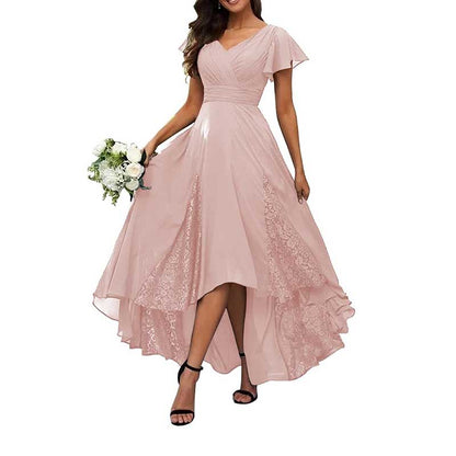 Long V-Neck Bridesmaid Dress – Chiffon, Lace & Customizable Colors