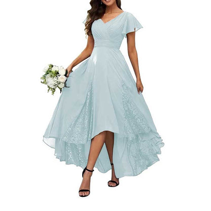 Long V-Neck Bridesmaid Dress – Chiffon, Lace & Customizable Colors