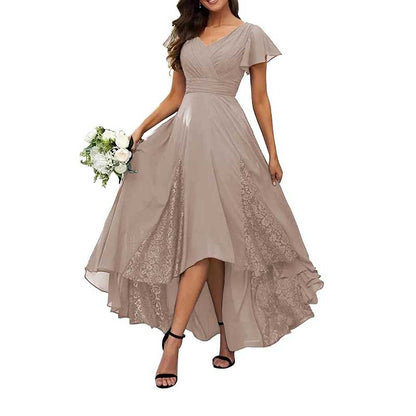 Long V-Neck Bridesmaid Dress – Chiffon, Lace & Customizable Colors