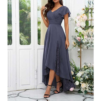 Long V-Neck Bridesmaid Dress – Chiffon, Lace & Customizable Colors