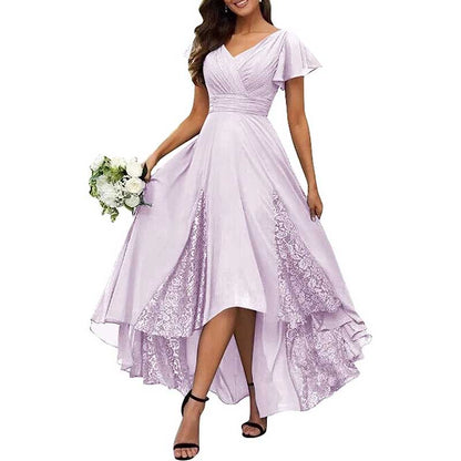 Long V-Neck Bridesmaid Dress – Chiffon, Lace & Customizable Colors
