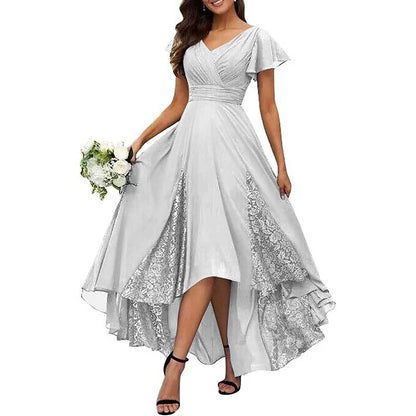 Long V-Neck Bridesmaid Dress – Chiffon, Lace & Customizable Colors