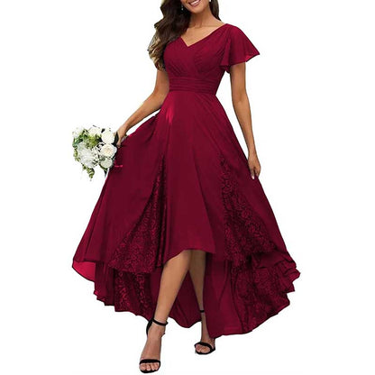 Long V-Neck Bridesmaid Dress – Chiffon, Lace & Customizable Colors