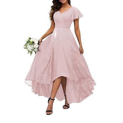 Long V-Neck Bridesmaid Dress – Chiffon, Lace & Customizable Colors