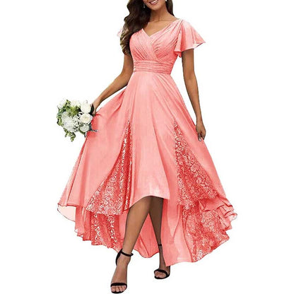 Long V-Neck Bridesmaid Dress – Chiffon, Lace & Customizable Colors