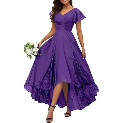 Long V-Neck Bridesmaid Dress – Chiffon, Lace & Customizable Colors