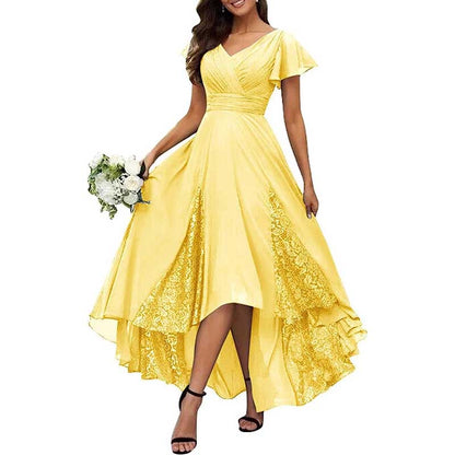 Long V-Neck Bridesmaid Dress – Chiffon, Lace & Customizable Colors