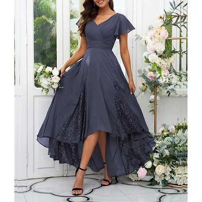 Long V-Neck Bridesmaid Dress – Chiffon, Lace & Customizable Colors
