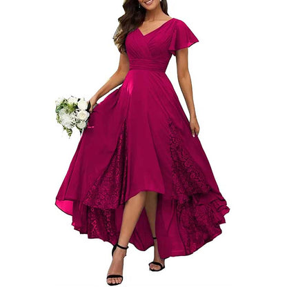 Long V-Neck Bridesmaid Dress – Chiffon, Lace & Customizable Colors