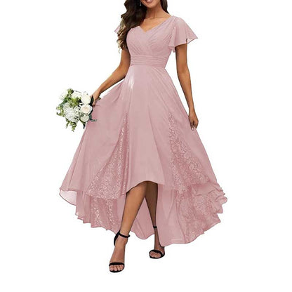 Long V-Neck Bridesmaid Dress – Chiffon, Lace & Customizable Colors