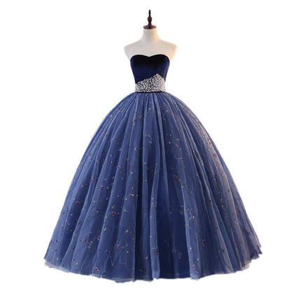 Velvet Sweetheart Ball Gown with Crystal Belt & Embroidered Tulle | Prom/Evening/Wedding Dress