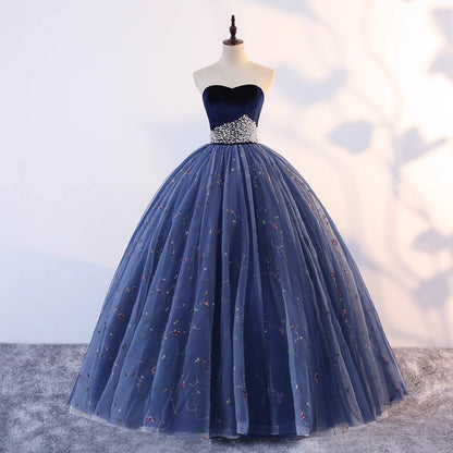Velvet Sweetheart Ball Gown with Crystal Belt & Embroidered Tulle | Prom/Evening/Wedding Dress